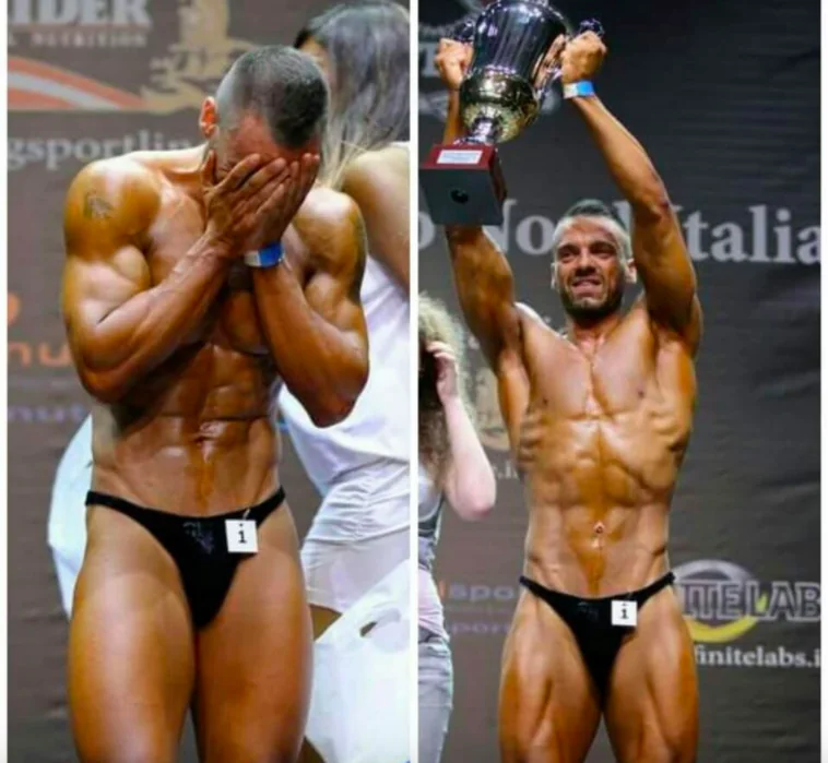 Flavio D'Angelo emozionato e poi con il trofeo dopo una gara di bodybuilding