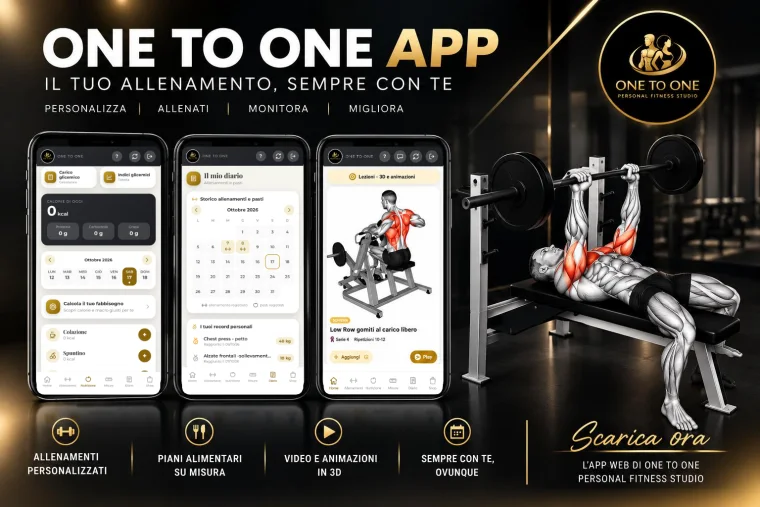 One to One App: schermate Home, Nutrizione e Allenamenti con un esercizio mostrato in 3D