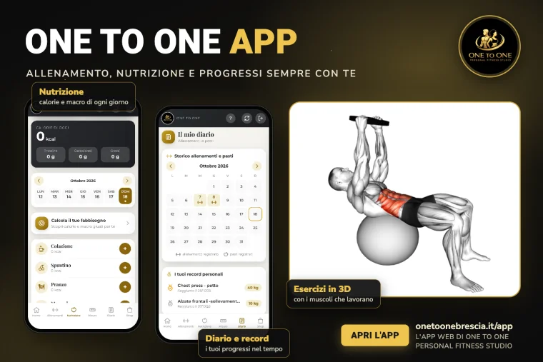 One to One App: le schermate Nutrizione e Diario con i record personali e un esercizio mostrato in 3D